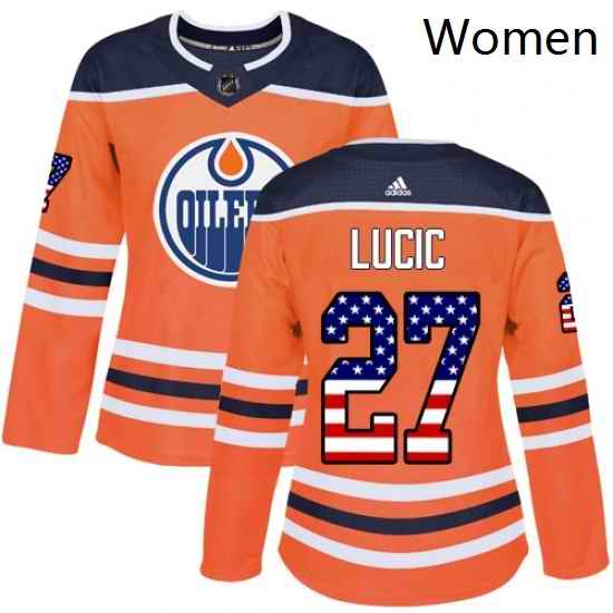 Womens Adidas Edmonton Oilers 27 Milan Lucic Authentic Orange USA Flag Fashion NHL Jersey